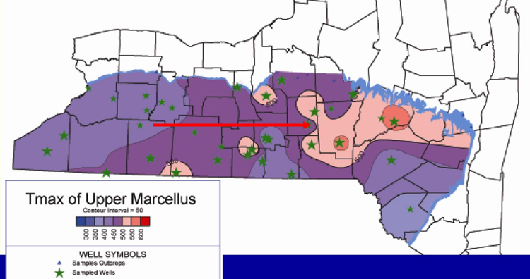 Tmax map, Marcellus Shale. About half of the S2values in the Marcellus can 